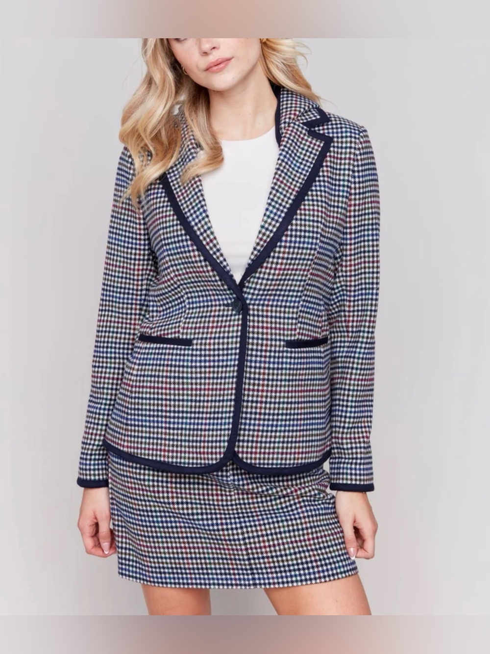 CHARLIE B Navy-Trim Multi-Color Checked Blazer